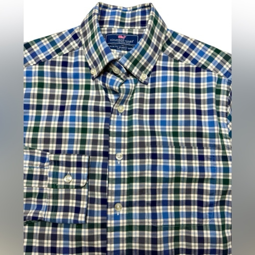 Vineyard Vines Slim Fit Murray Shirt Men XS Blue Green Plaid Casual Button Down